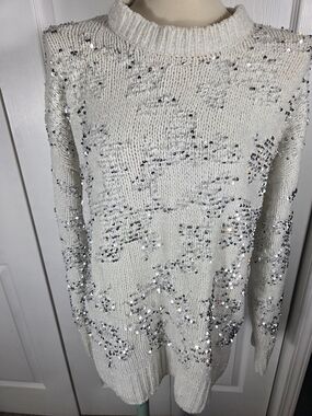 French Connection Sequin Sweater Womens L Cream Knit Sparkle Cozy